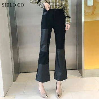 

SHILO GO Leather Pants Womens Spring England sheepskin genuine leather Pants high waist patchwork concise small flare pants