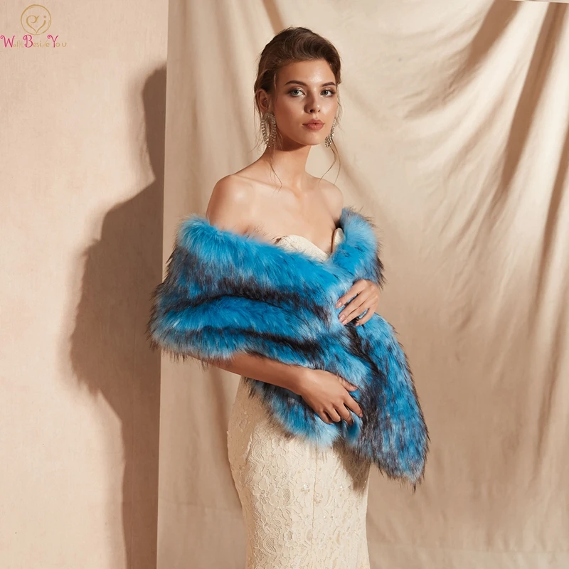 

Winter Wedding Wraps 2019 New Blue Warm Shrug Shawls Women Faux Fur Jacket Thick Cheap Free Shipping For Prom Evening Party