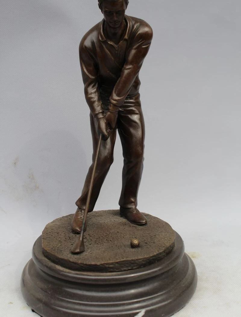 

11"Western Art sculpture Pure Bronze Marble Men Boy Playing Golf Statue
