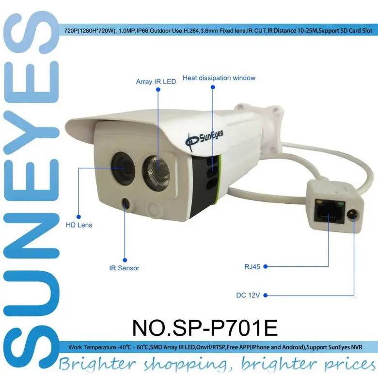 

SunEyes SP-P701E IP Camera Outdoor 720P 1.0MP HD Waterproof IP66 Mini ONVIF and RTSP Support IR Night Vision with Micro SD Slot