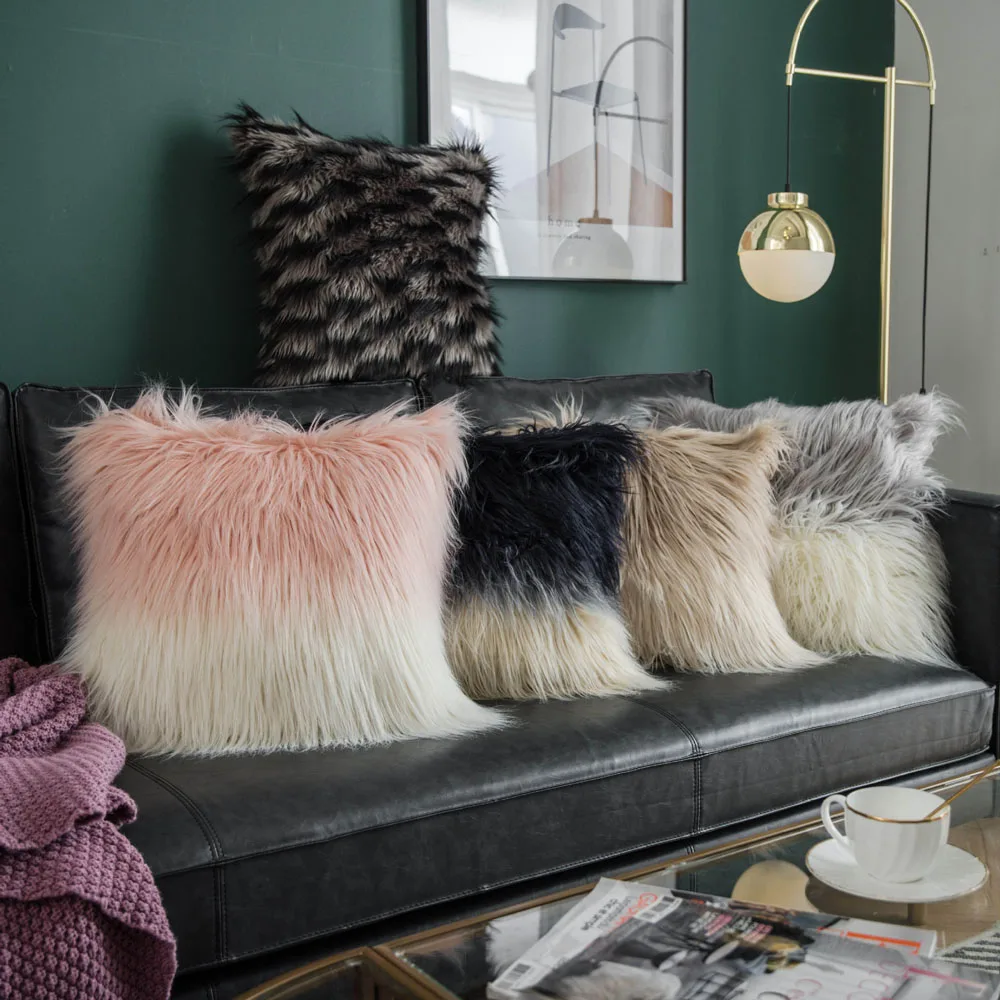 

1pc Gradient Color Plush Pillowcase Home/Hotel/Office Decorative Luxury Imitation Fur Square Pillow Cover No Cores