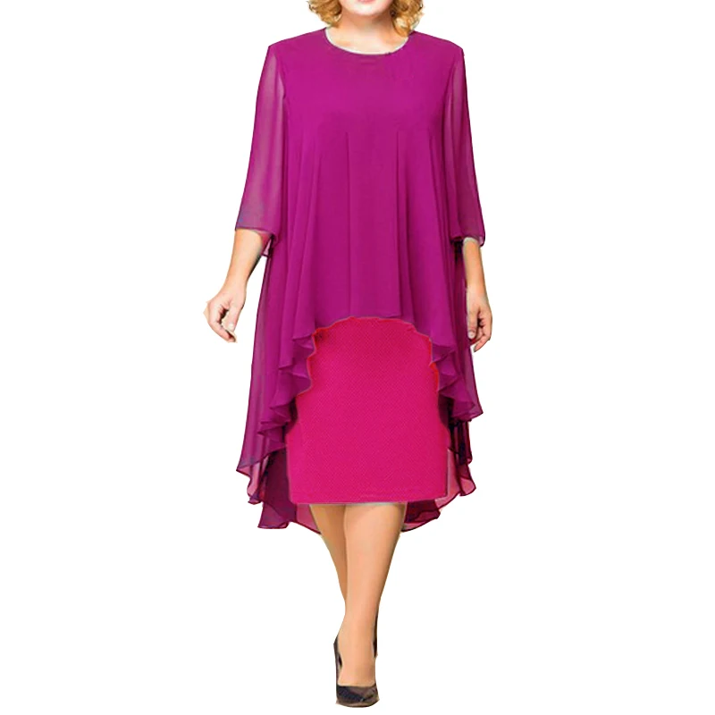 

Elegant Ruffles Mid-calf Dresses 2019 Summer Sexy Women Chiffon Splice O Neck 3/4 Sleeve Party Dresses Plus Size Vestidos 5XL