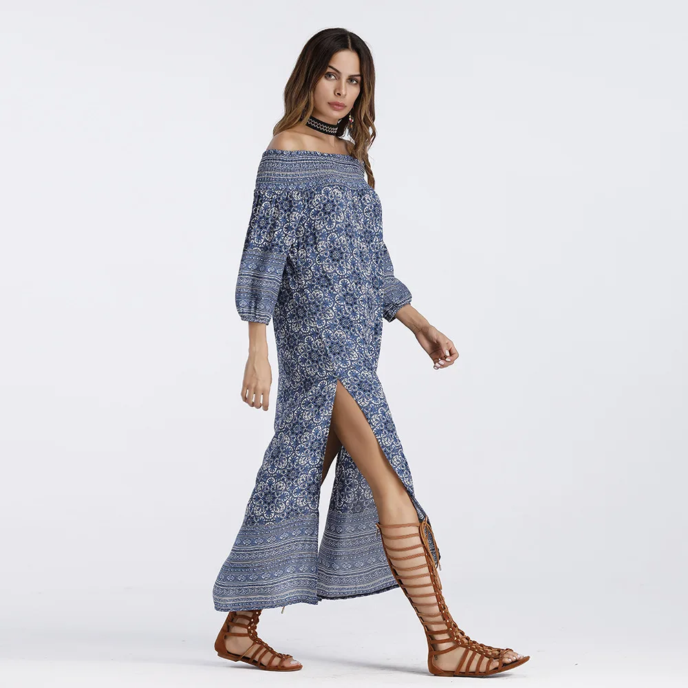 

2019 Summer Women Dress New Slash Neck Strapless Shoulder Dress Print Blue Long Dress Beach Casual Dress
