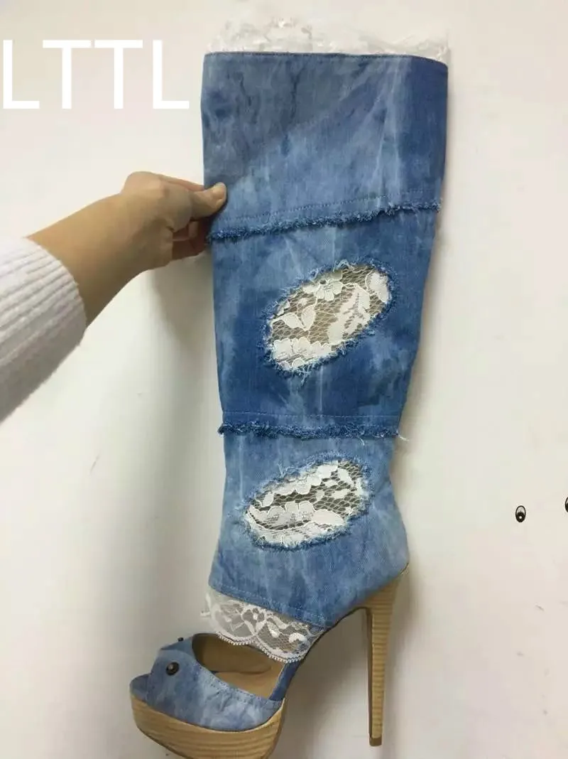 Lttl настоящее pic 2017 новинка denim peep toe вырез сапоги женщины Супер Тонкий Высокий