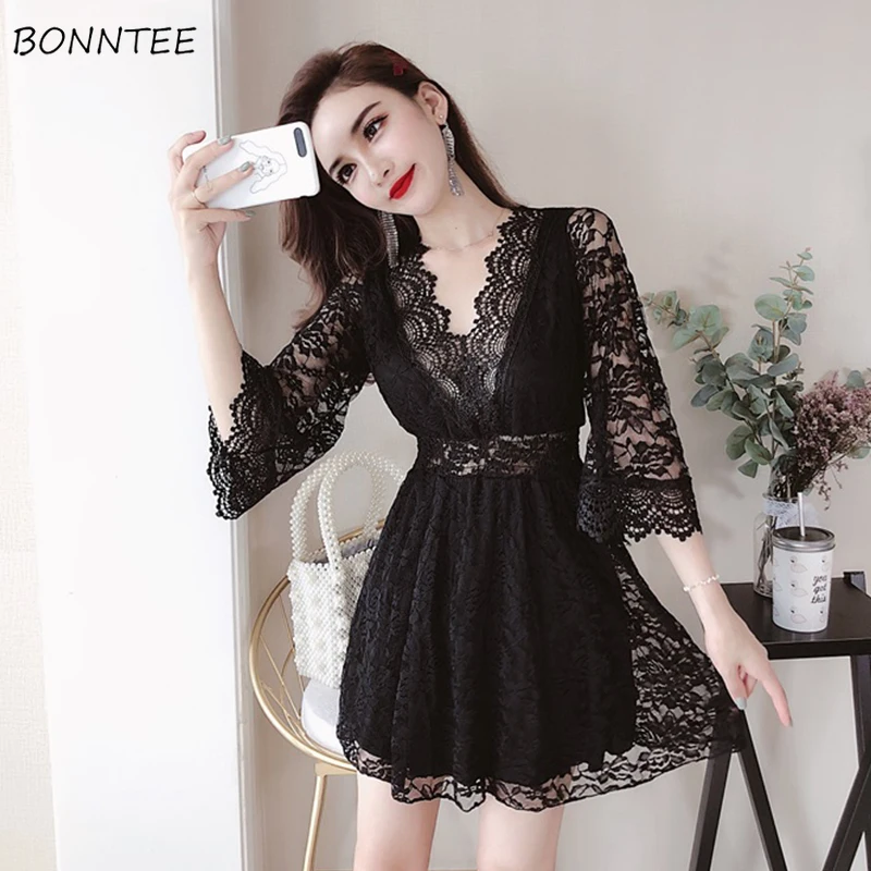 

Dress Women V-Neck Lace Patchwork Elegant Solid Simple Trendy Womens All-match Elastic Waist Ladies A-Line Three Quarter Dresses