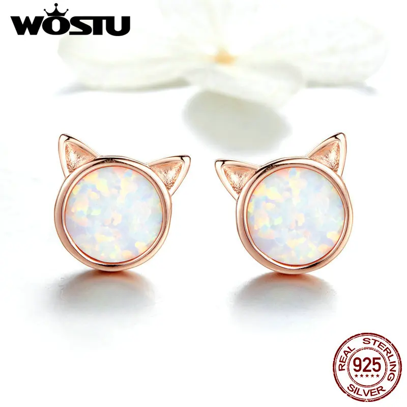 Wostu 100 925 Sterling Silver Cute Cat Earrings Rose Gold Opal Wostu 100 925 Sterling Silver Cute Cat