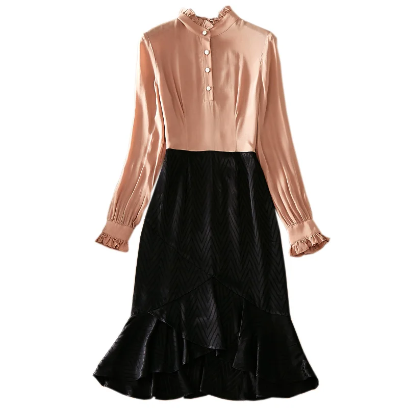 Montant Nouveau Décoration De Longues Couleur Printemps Contraste À Ourlet Robe Q425 Bouton Col Femme Manches 2019 Couture Volants zHd4qx4