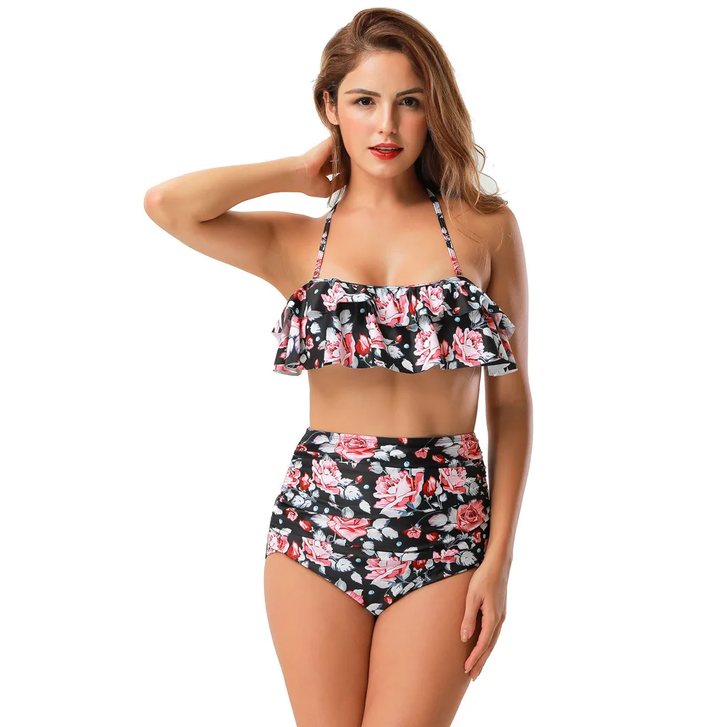 

Summer Swimear Cool Plus Size Women Print Swimwear Strap Bikini Push Up Padded Ruffle Two-Piece Swimsuit 40