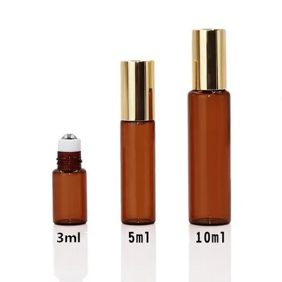 

20pcs/lot 3ml 5ml 10ml amber roller bottles for essential oils roll-on refillable perfume bottle deodorant containers with gold