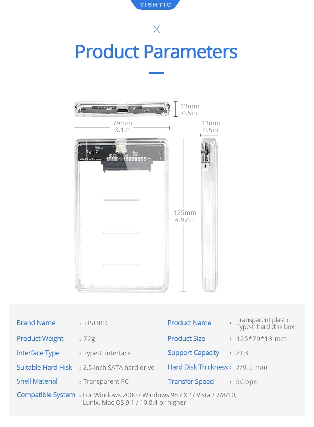 TISHRIC прозрачный Caddy HDD корпус коробка HDD 2,5 адаптер DVD HDD Sata к USB 3,0 SSD корпус Optibay 9,5 мм жесткий диск корпус