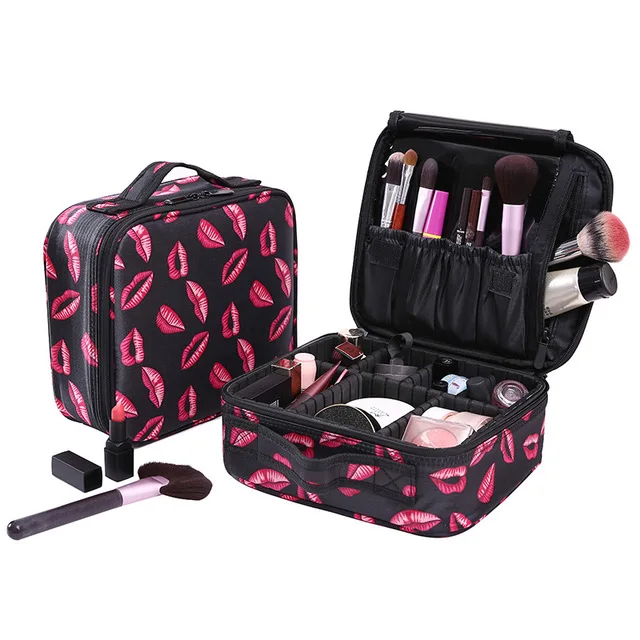 New Makeup Bag with Mirror Large Capacity Women Professional Cosmetic Manicure Bag Portable Make up Organizer Storage Bags - Цвет: Redlips Mini Style B