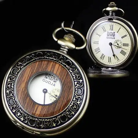 

Antique Bronze Wood Mechanical Skeleton Pocket Watch freeship