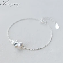 Anenjery 925 пробы Серебряный браслет для женщин Девушка бутон лист браслет из искусственного жемчуга pulseira 16 см+ 4,5 см длина S-B163