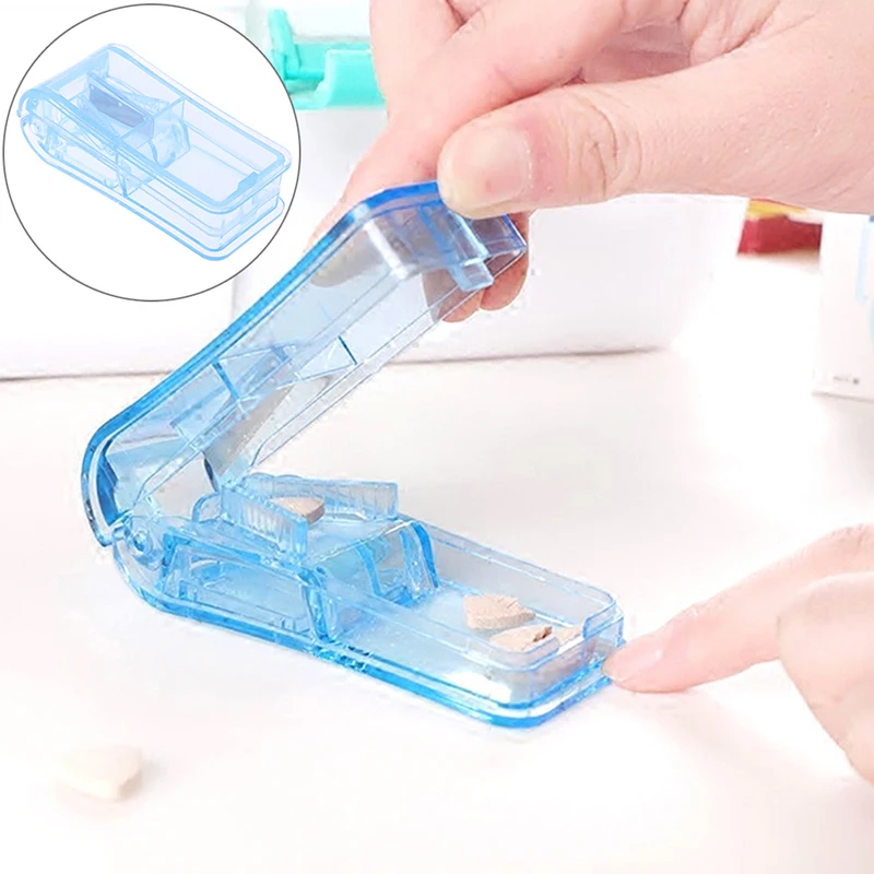 

1PC Blue Pill Cutter Box Portable Convenient Storage Box Tablet Cutter Splitter Medicine Pill Holder Pill Cutter Pill Case