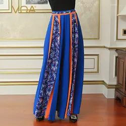 VOA тяжелый шелк плюс размер 5XL Свободные повседневные длинные брюки женские брюки с широкими штанинами синий Boho печати середины талии с