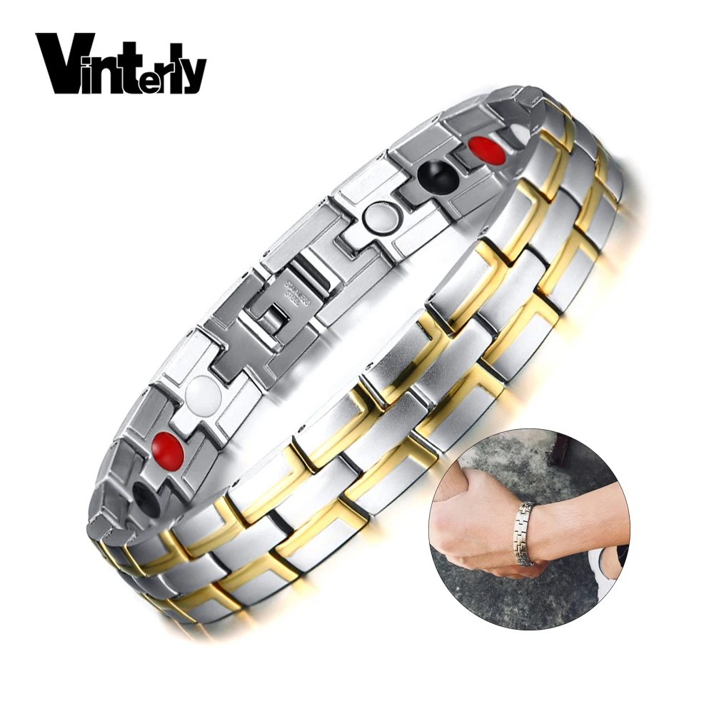 

Vinterly Magnetic Bracelet Men Stainless Steel Gold-color Chain Energy Bracelet Men Wrist Band Magnetic Charm Bracelet for Women