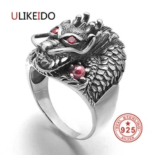 Anillos de plata de ley S925 con diseño de dragón y piedra natural granate, ojos rojos, Plata tailandesa, anillo Punk para hombre, regalo de cumpleaños 693