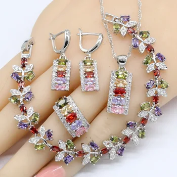 

Multicolor Cubic Zirconia Silver Color Wedding Jewelry Sets For Women Bracelet Earrings Necklace Pendant Rings Free Gift Box