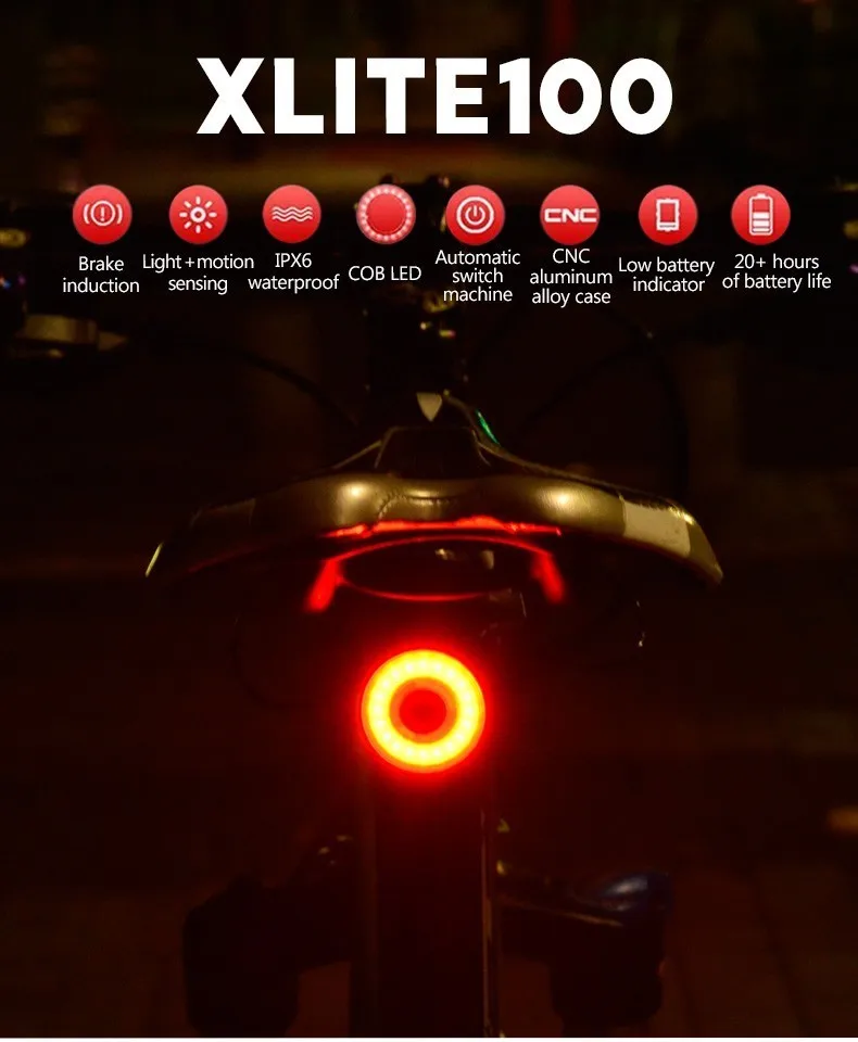 Sale XLITE100 LED Bike Flashlight For Bicycle Auto Start/Stop Brake Sensing IPx6 Waterproof USB Smart Brake Tail Light 1