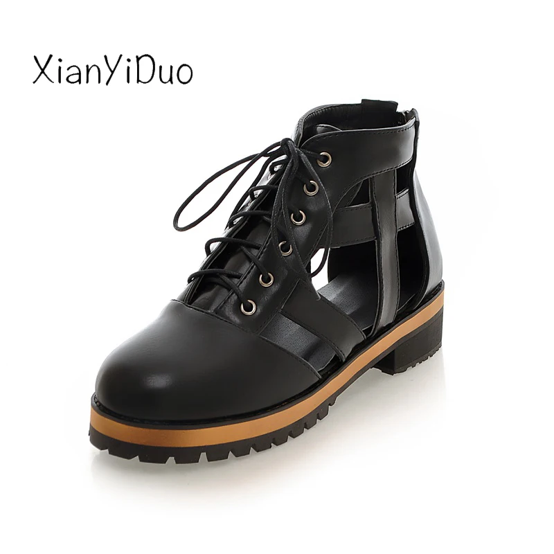 

Xianyiduo Spring/Autumn Fretwork boots womens shoes Med heels Ankle Round Toe Lace-Up Platform Boots big size34-48 zipper /8-10