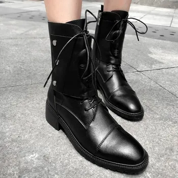

GPOKHDS 2020 women ankle boots soft cow leather round toe lace up rivets autumn spring high heels female riding boots size 42