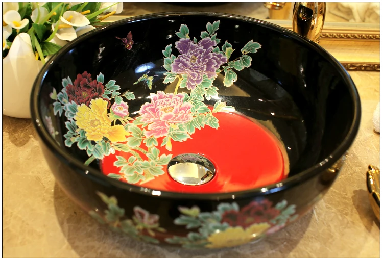 Europe Vintage Style Lavobo Ceramic Washing Basin Counter top Bathroom Sink hand painted vessel sinks Peony painting black (7)