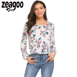 Zeagoo блузка Для женщин 2018 с длинным рукавом элегантные летние blusas Повседневное Цветочный Топ гофрирования низ женская блузка