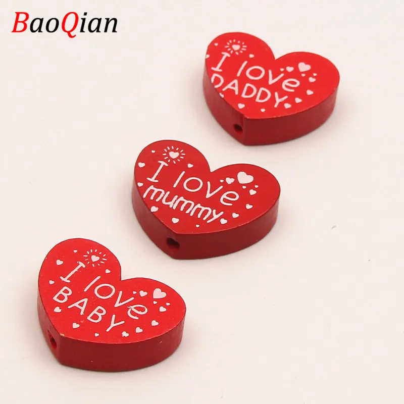 Red Деревянные бусины ручной работы I Love BABY/DADDY/mummy 10 шт./лот бусины-разделители в форме сердца для самостоятельного изготовления ювелирных изделий зажим для соски 23*29 мм - Цвет: Red