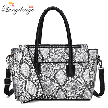 

2019 Brand women handbag two-piece set snake print large handbag high quality leather ladies shoulder crossbody bag women tote