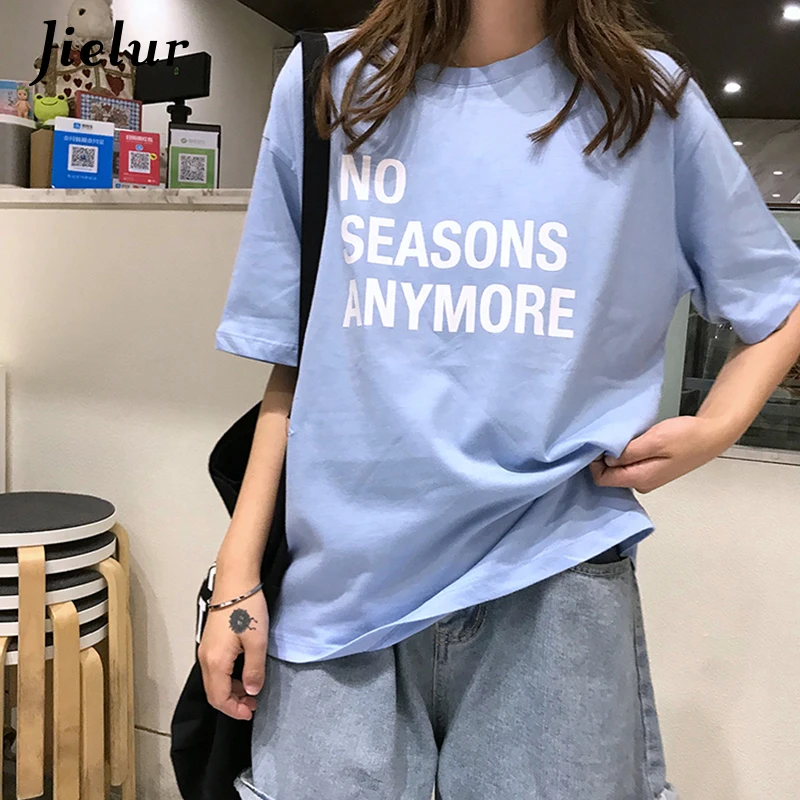 

Jielur Short Sleeve T Shirt Women 2019 New Harajuku Korean Letters Summer Top Femme Young Simple Blue Yellow Camiseta Mujer