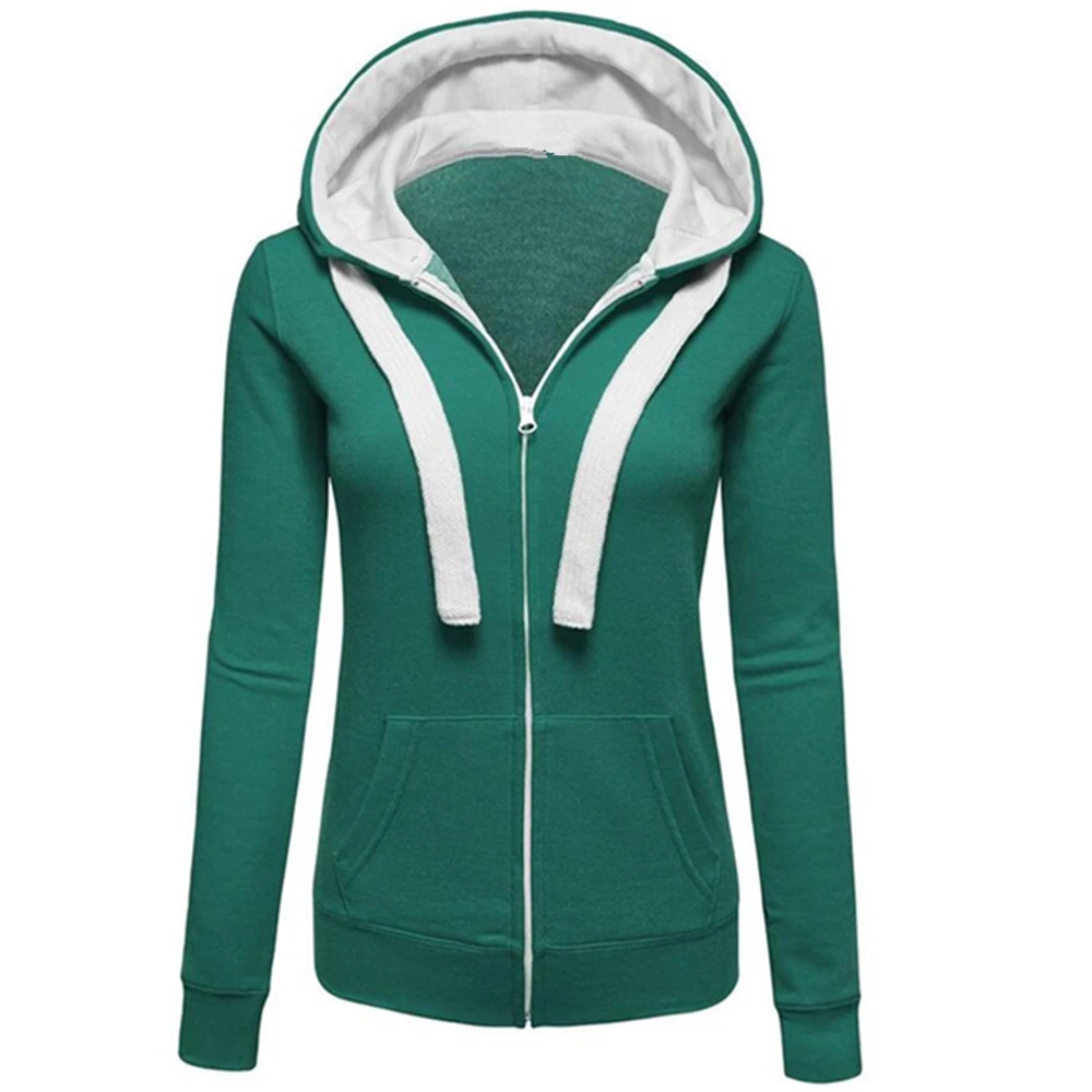 Women Sweatshirt Fashion Hooded Solid Drawstring Long Seeve Outwear Casual Zipper Female Gym Training Jackets Plus Size