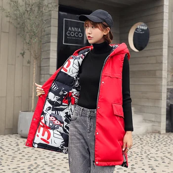 

New Brand women vest Winter jacket Hooded Thicken Warm Long Cotton Padded Waistcoat woman Sleeveless vest Double-sided vest