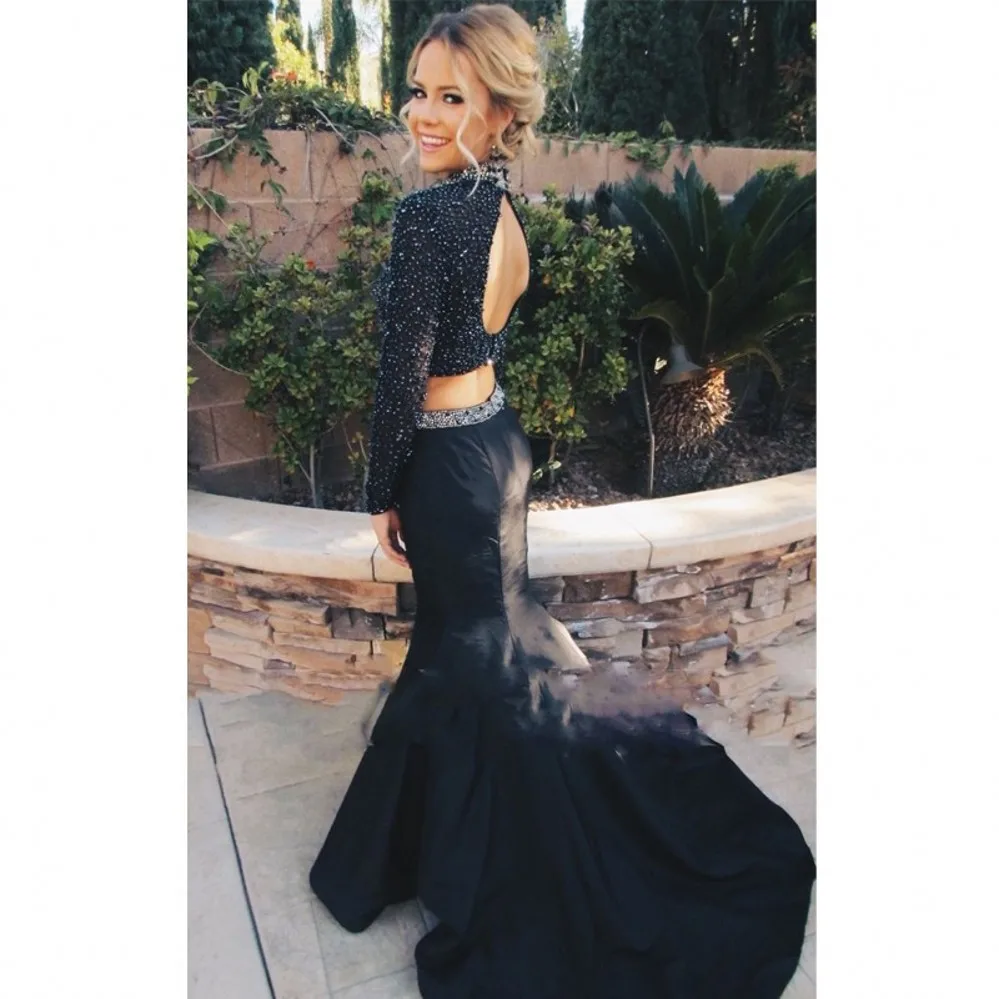 

Sexy Open Back Two Piece Long Sleeve Mermaid Prom Dress Formal Bead Graduation Evening Women Dresses Long 2019 Vestido De Festa