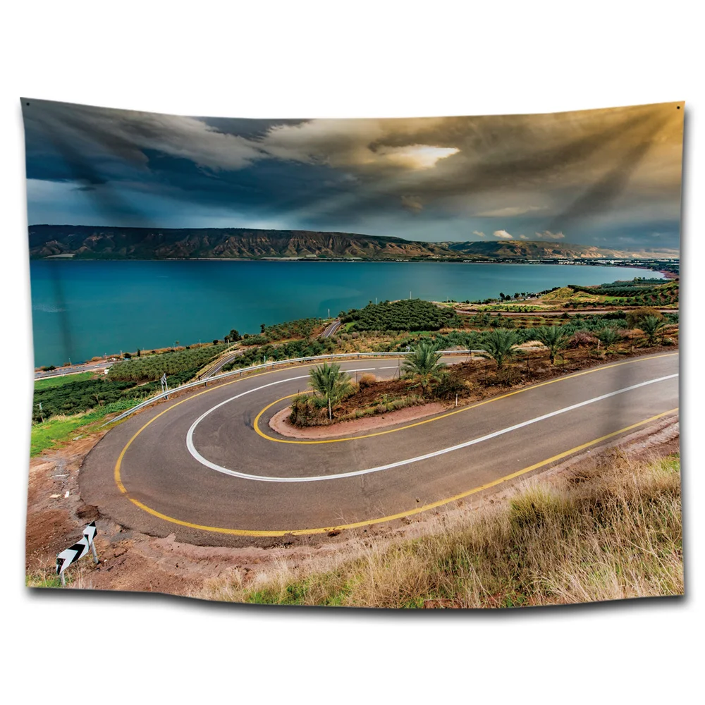 

Highway coastal road trip wall tapestry ocean blue sea grey sky nature wall hanging carpet wall cloth hippie boho decor