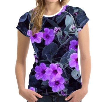 

FORUDESIGNS Petunia Design T-shirt Women 3D Floral Purple Tee Breathable Shirts Girls T Shirts Female Short Sleeve Elastic Tees