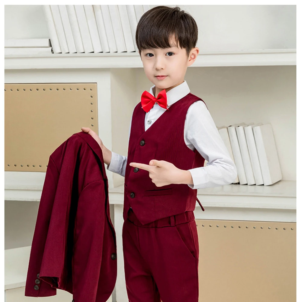 

2019 Boys Solid Blazer Suit for Wedding Kids Jacket+Vest+Pants+Tie 4 pcs/set Formal Tuxedos Suit Teenager Clothing Set for Party