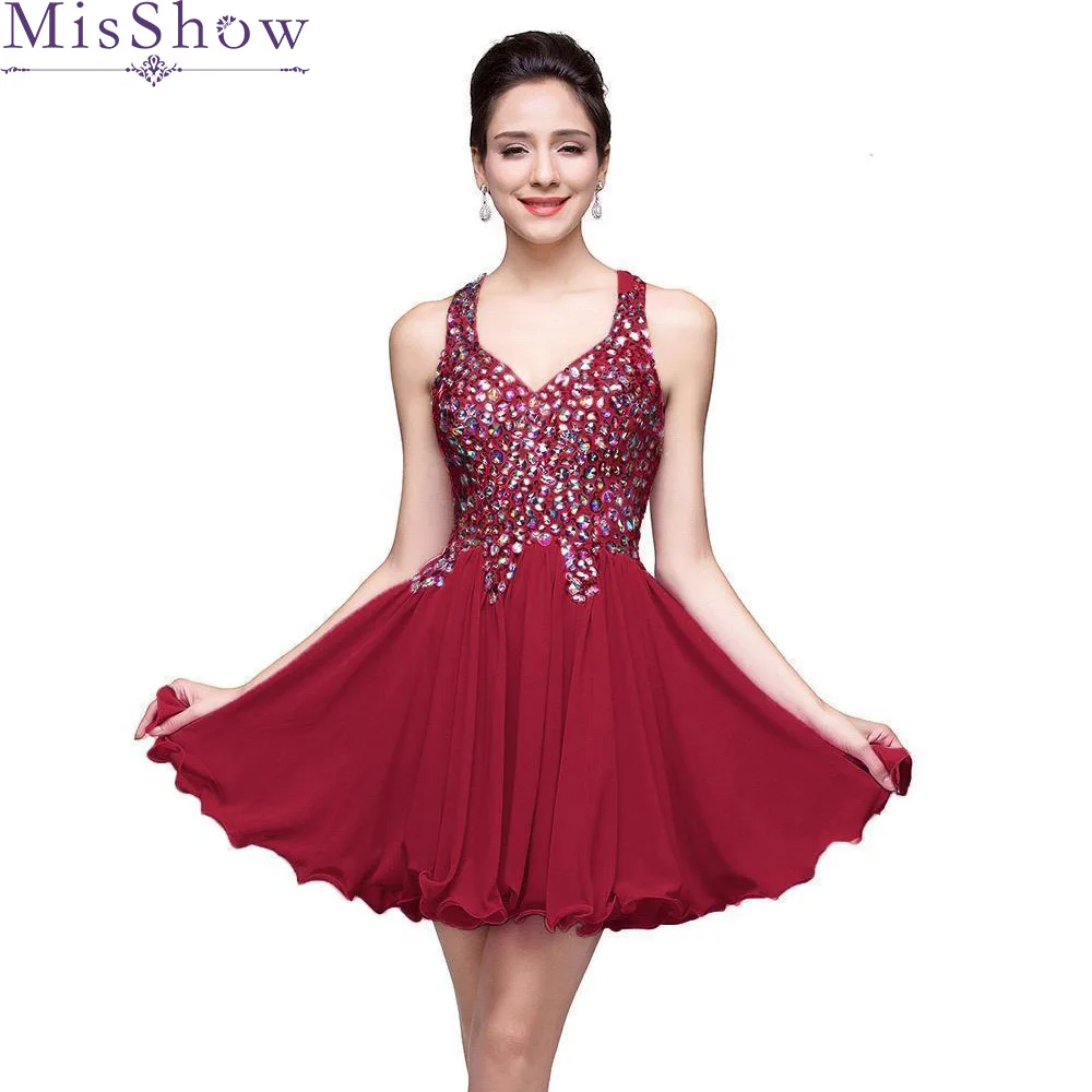 

Luxury V-neck Burgundy Short Prom Dresses Crystal Beaded Chiffon A-line Party Homecoming Dress For Girls Vestidos De Festa
