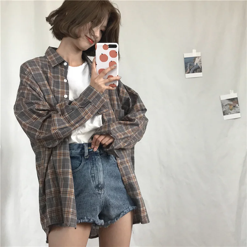 

Harajuku BF Women Blouse South Korea Autumn Korean Version Of Loose Fitting Long Sleeve Chic Plaid Women Female Shirts