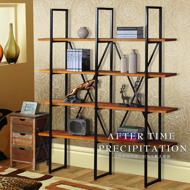Simple retro iron wood bookcase bookcase Creative Wrought Iron display