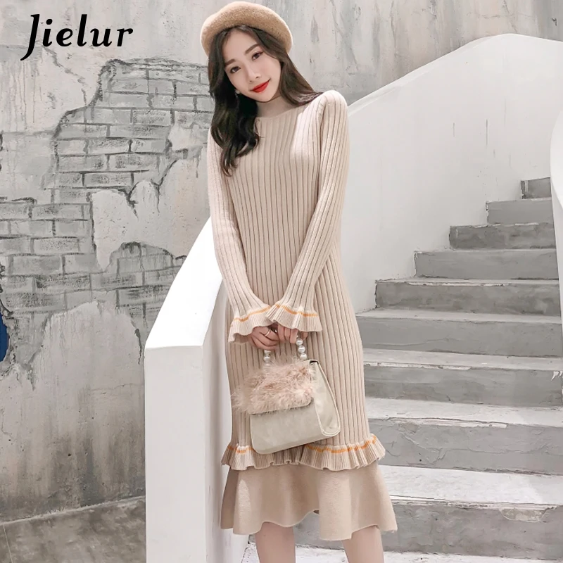 

Jielur 2019 New Knitted Dress Winter Leisure Korean Khaki Beige Women's Dresses Flare Sleeve Simple Fashion Chic