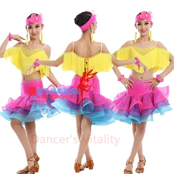 

New spandex Adult Child Latin dance costumes tassel sleeveless top+skirt 2pcs girls latin dance set for girls latin dance S-4XL