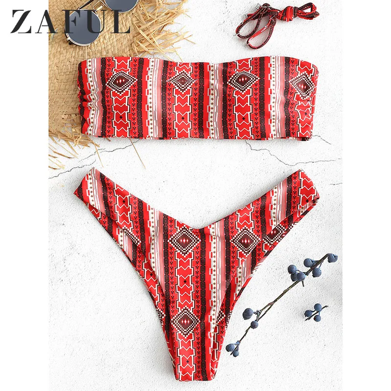  ZAFUL Women Bikini Set Flower Print High Cut Bandeau Bikini Lady Sexy Bikini Swimwear Summer Beach 