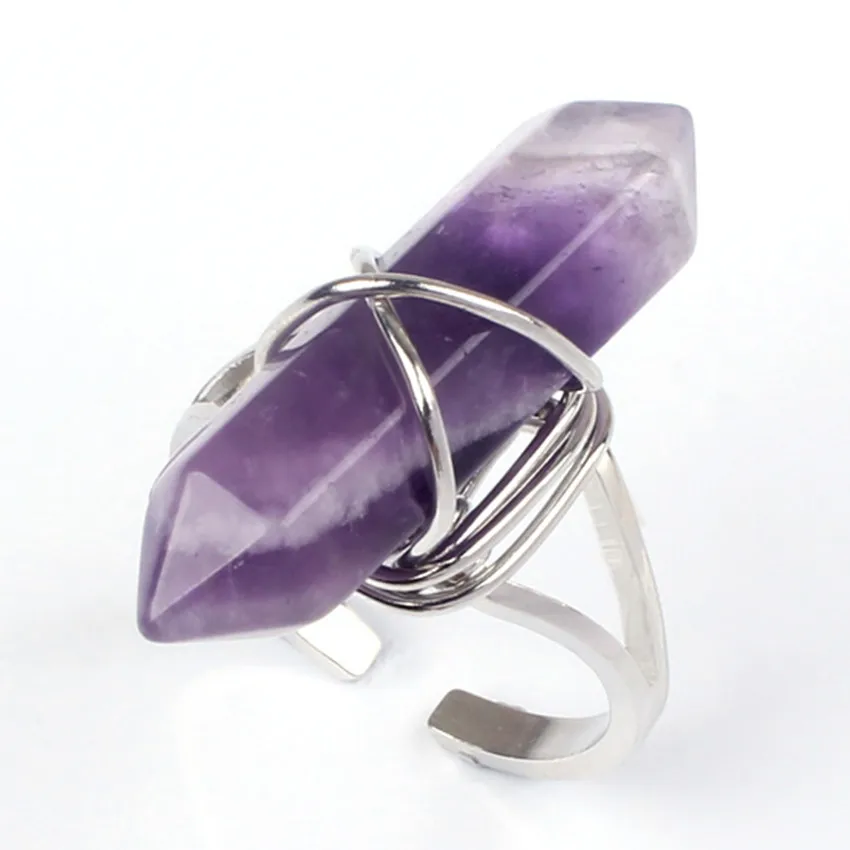 

xinshangmie Trendy Silver Plated Hexagon Column Resizable Ring With Natural Purple Amethysts Stone Fashion Jewelry Party Gift
