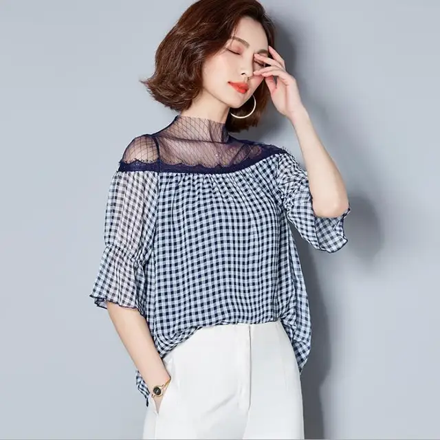 Sexy Mesh Patchwork Tops 2018 Summer Women Perspective Slash Neck Plaid ...