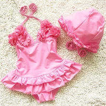 Купальник с цветочным рисунком для девочек, Одноцветный купальник, комплект в полоску, сетчатый купальник с поясом, детский купальник с кромкой