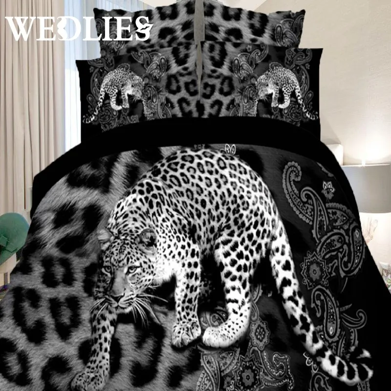 2017 New Design Fantastic 3D Black Leopard Bedding Set Queen Size Christmas Bedding Set Duvet Cover+Flat Sheet+2 Pillow Case