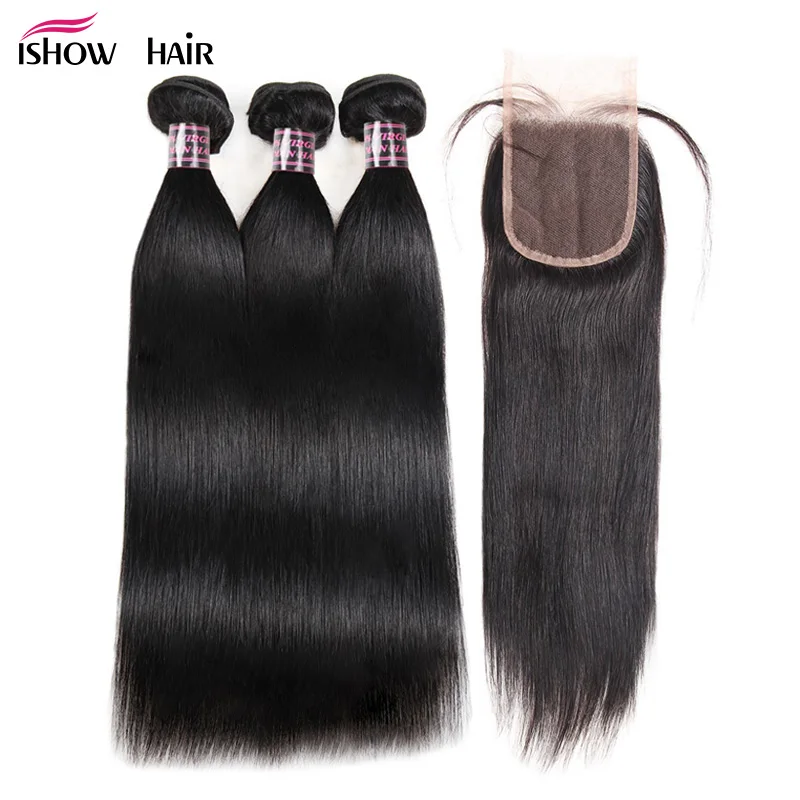 Ishow Straight Human Hair 3 Bundles With Closure Peruvian Hair Weave Bundles Free Part Lace Closure With Baby Hair Non Remy