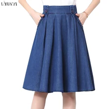 LXUNYI летняя плиссированная джинсовая юбка для женщин; большие размеры; синие карманы на пуговицах; Свободные повседневные джинсовые юбки длиной до колена; женские 4XL