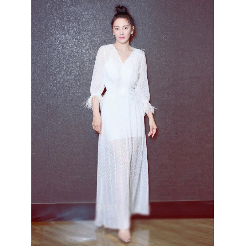 runway 2019 luxury designer clothes feather dress women party sheer lace white long dress v neck summer elegant sexy woman dress