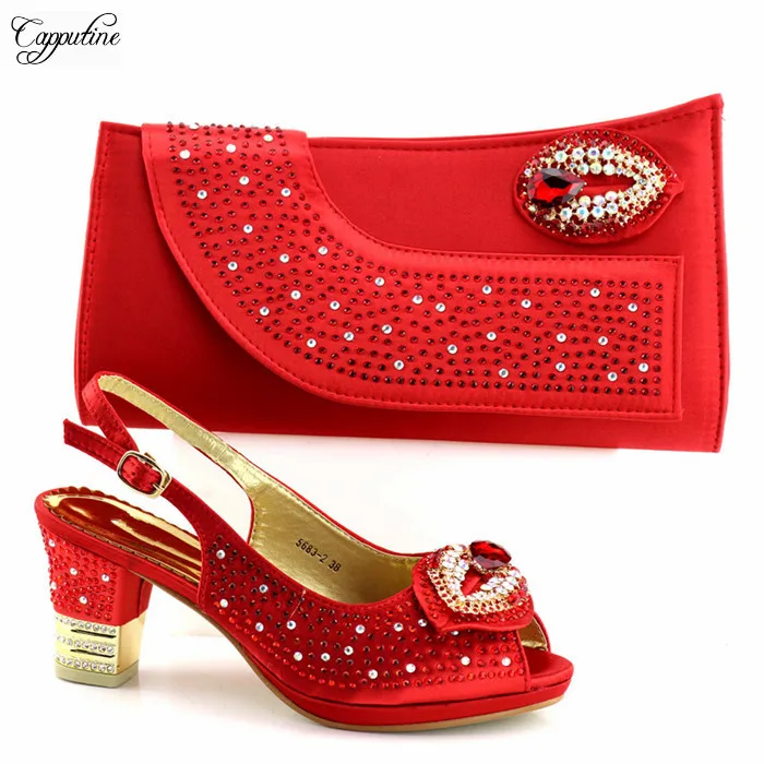 

Wonderful red pump shoes and handbag sets with shinning stones for wedding/party 5683-2, heel height 7cm
